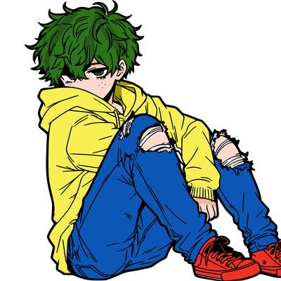 a male hoddie ripped jeans messy hair anime