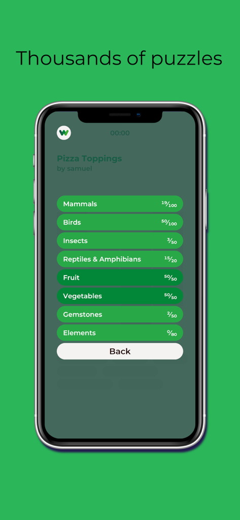 Word Salad: a daily puzzle - Una lista de categorías de puzles de palabras temáticas en la aplicación móvil Word Salad