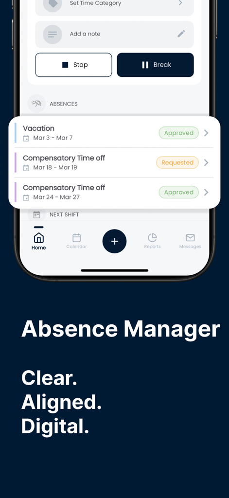 Crewmeister Time Tracking - Crewmeister mobile app screen showing the absence manager with vacation and compensatory time off request statuses