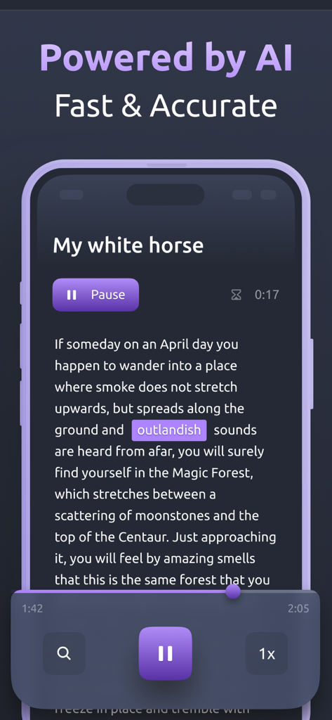 Transcribe. Voice to text AI. - AI-powered voice to text transcription interface showing a transcript with playback controls