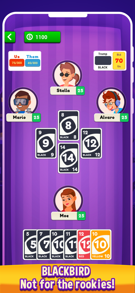 Blackbird: Family Card Game - Blackbirdカードゲームのゲームプレイ画面。紫色のインターフェースに4人のプレイヤーとカードが表示されます。