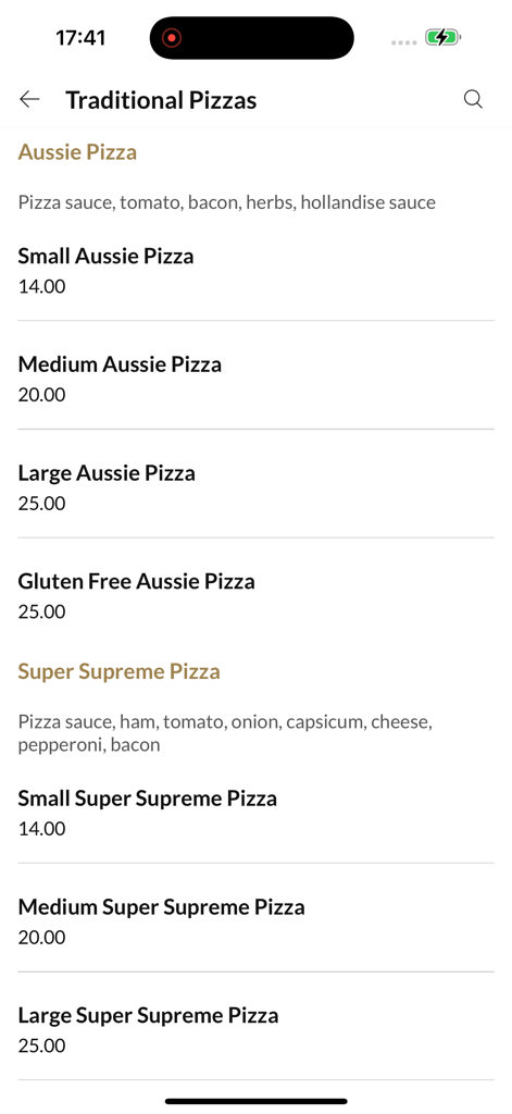 Menu de pizza tradicional listando opções Aussie e Super Supreme com preços