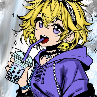 hot baddie anime girl drinking boba and biting the straw