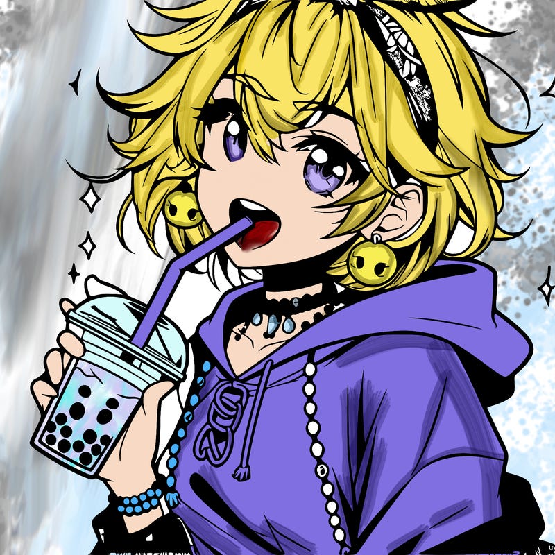 hot baddie anime girl drinking boba and biting the straw