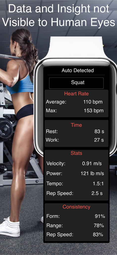 Gymatic Workout Tracker - Aplicación Gymatic en Apple Watch mostrando métricas automáticas de sentadillas, incluyendo frecuencia cardíaca, velocidad y potencia