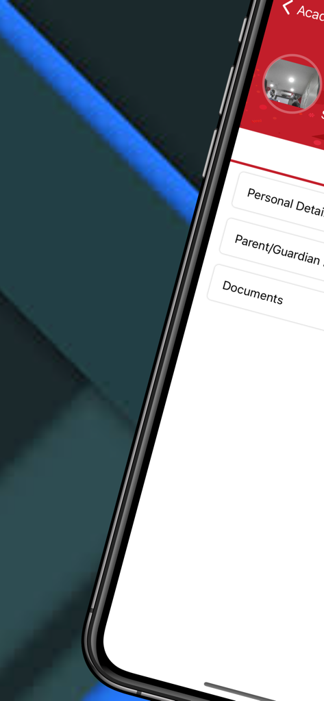 Academia @ Stasy - User profile screen in the Academia @ Stasy app showing links for personal details and parent information