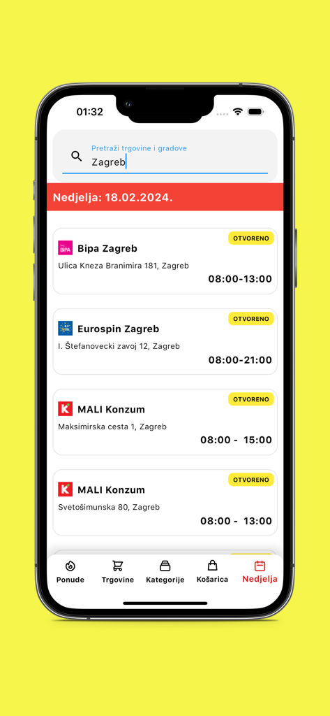 Interface of the Kosarica shopping app showing a list of stores open on Sunday in Zagreb with their working hours.