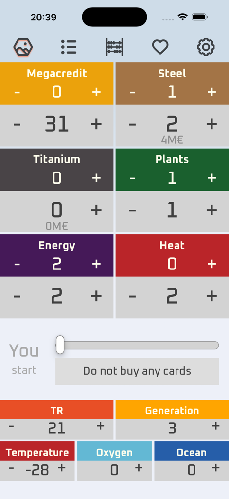 Terraforming Companion - Digital player board interface for the Terraforming Mars board game tracker