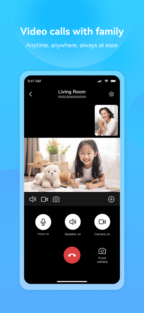 Im Cam - Interface of the Im Cam app showing a two way video call between a mother and her child