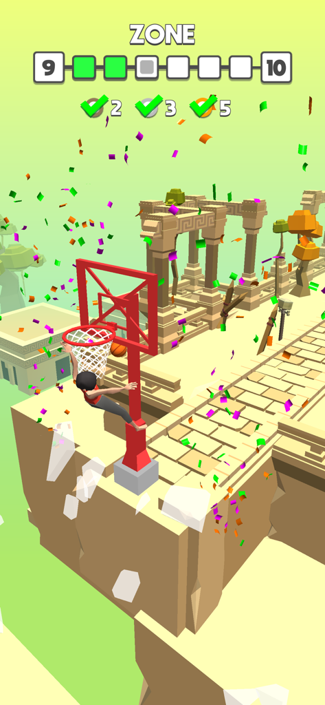 Flip Dunk - Gameplay de Flip Dunk montrant un personnage effectuant un dunk de basket-ball dans un niveau de temple antique avec des confettis de célébration.