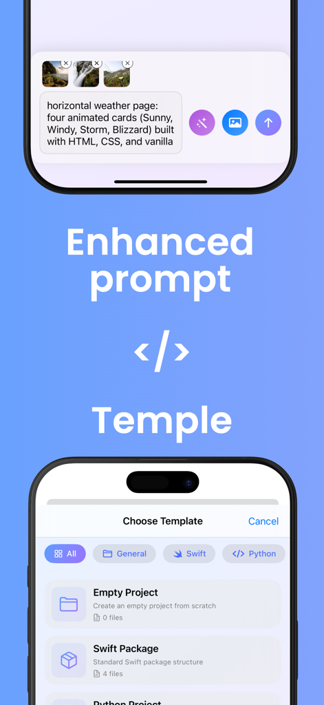 Kilo Code - Interface do aplicativo móvel Kilo Code mostrando um prompt de codificação alimentado por IA e um menu para escolher modelos de projeto como Swift e Python