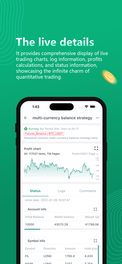 FMZ Quant - FMZ Quant app dashboard showing live trading strategy details with a profit chart and account information