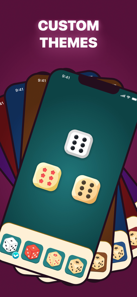 A display of various custom themes and dice skins in the Dice Dice app