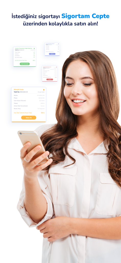 A woman smiles while using the Sigortam Cepte app to manage and purchase insurance policies on her phone.