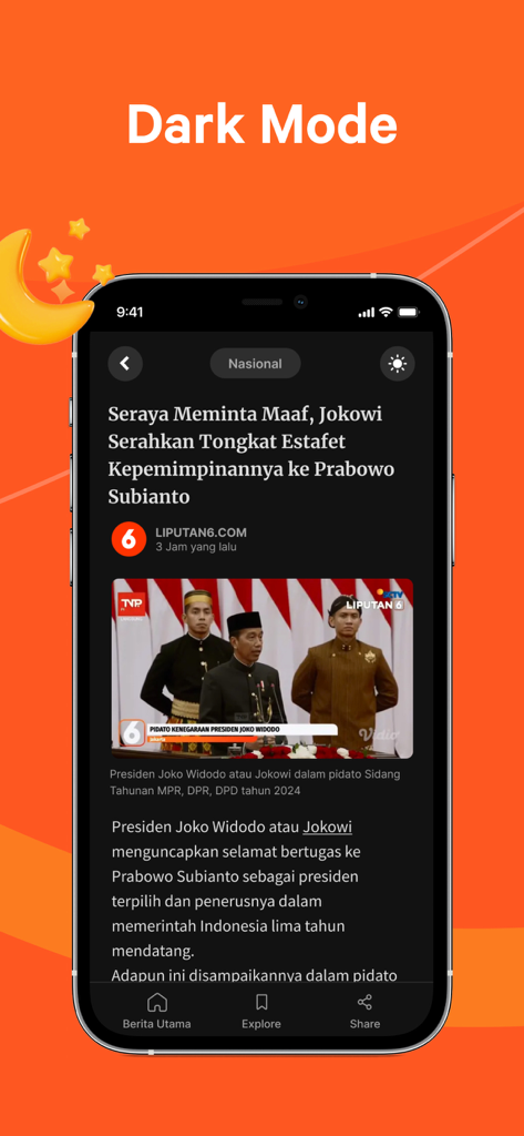 Liputan6.com - Berita Terkini - Liputan6 news app interface featuring a dark mode setting with an article about Indonesian politics