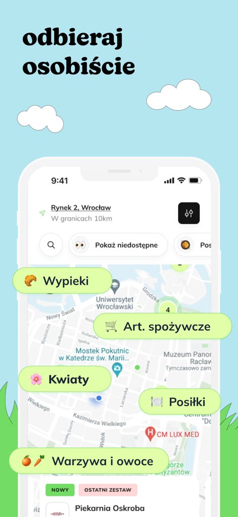 A mobile screen showing the Foodsi app map with category bubbles for bakery products, groceries, flowers, meals, and fresh produce.