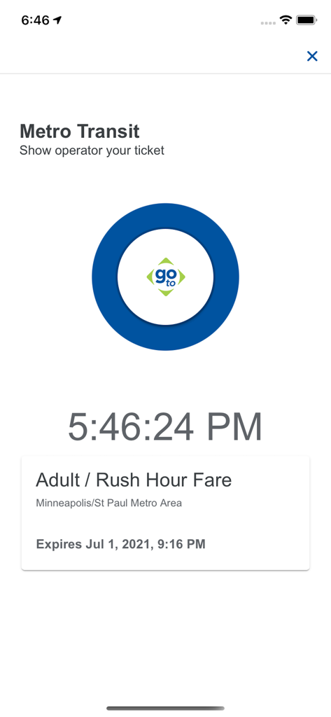 Metro Transit - Metro Transit mobile app screen showing a digital adult rush hour fare ticket for the Twin Cities