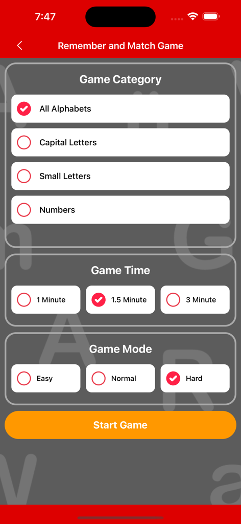 Write German Alphabet - ドイツ文字マッチングゲームの設定画面。カテゴリ、時間、難易度のオプションがあります。