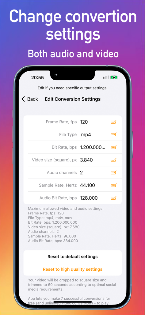 Video Upscaler 16K & Converter - Video Upscaler 16Kアプリの詳細なオーディオおよびビデオ変換設定を示すiPhoneインターフェース