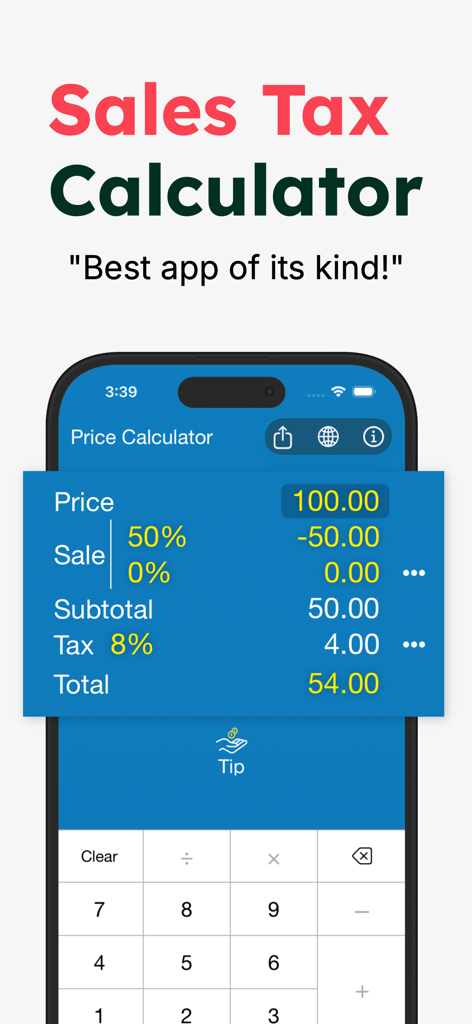 Sales Tax Discount Calculator - Sales Tax Discount Calculator app showing a 50 percent discount and 8 percent tax calculation