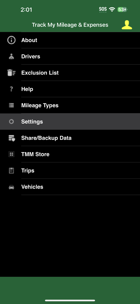 Track My Mileage And Expenses - Track My Mileage and Expensesアプリのメインナビゲーションメニュー。ドライバー、設定、走行記録追跡のオプションが表示されています。