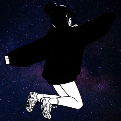 realistic girl jumping with a bun and oversized sweatshirt