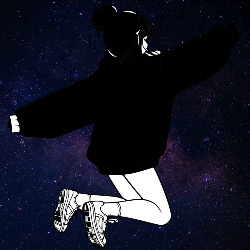realistic girl jumping with a bun and oversized sweatshirt