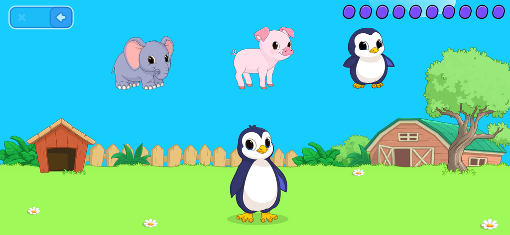 Educational toddler game interface featuring a penguin, pig, and elephant in a colorful farm setting.
