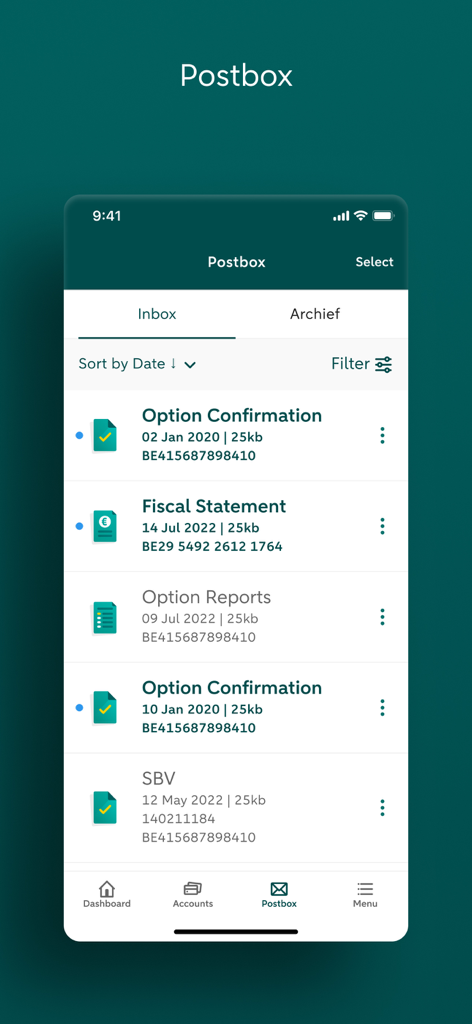ABN AMRO Belgium PB - ABN AMRO Belgium PB app Postbox screen displaying a list of financial documents in the inbox