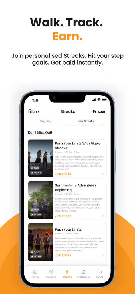 Interface de l'application mobile Fitze montrant des séries de marche personnalisées et des défis d'objectifs de pas pour gagner des récompenses.