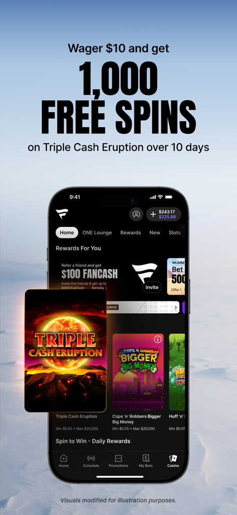 Fanatics Casino - Real Money - Fanatics Casino app interface showing a 1000 free spins promotion for the Triple Cash Eruption slot game
