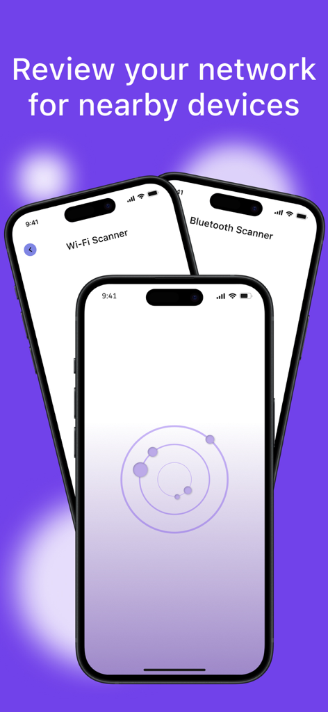 Pantallas de iPhone que muestran herramientas de escaneo Wi-Fi y Bluetooth para encontrar dispositivos electrónicos cercanos.