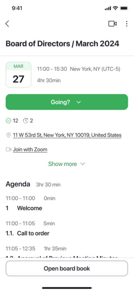 Ideals Board - Sitzungsplan und Agenda für eine Vorstandssitzung in der Ideals Board-App