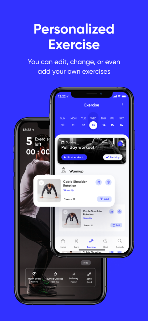 iTrainer app interface showing a personalized exercise schedule and workout tracking on a smartphone