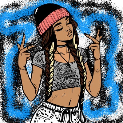 realistic teenage girl with braids and a beanie and crop top doing 🫶🏼