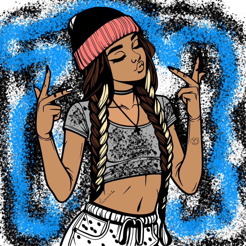 realistic teenage girl with braids and a beanie and crop top doing 🫶🏼
