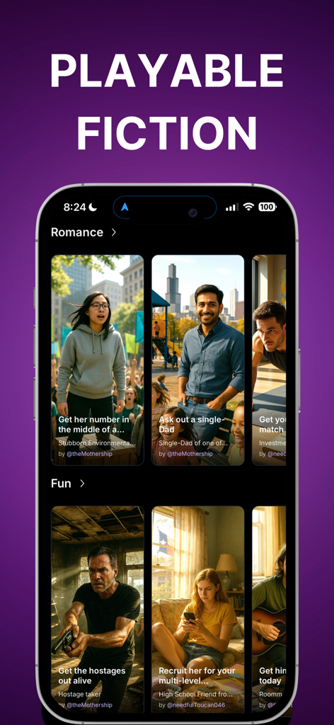 Sagaland - Interactive Fiction - Mobile app interface of Sagaland showing a selection of interactive fiction stories in categories like Romance and Fun