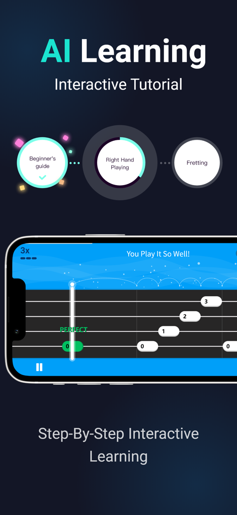 ukulele tuner - utunermate - Interactive AI learning tutorial screen and gamified song practice mode for ukulele beginners