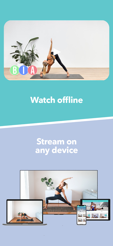 Cours de yoga et de Pilates de l'application Fresh Body Fit Mind affichés sur une télévision, un ordinateur portable, une tablette et un smartphone pour le streaming ou la visualisation hors ligne