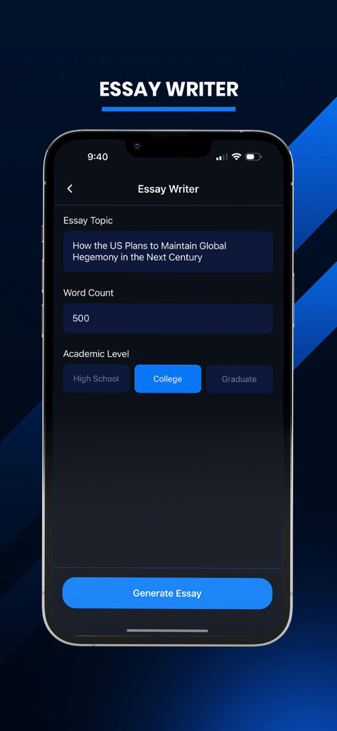 QuizMate app interface showing the AI Essay Writer feature for students