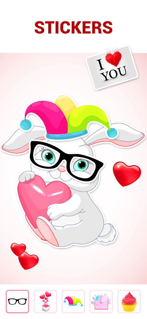 Love Collage Maker & Editor - Love Collage Maker app stickers menu featuring a cute bunny holding a heart and romantic icons
