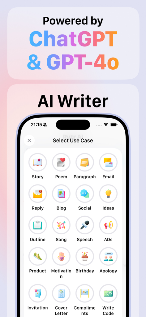 Interface of Raytr AI Writing Assistant showing various content templates powered by ChatGPT and GPT-4o