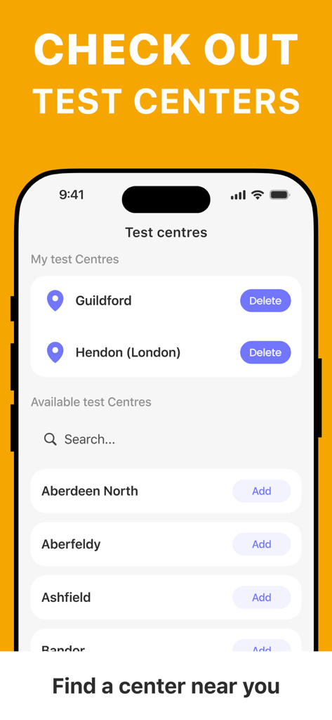 Driving Test NOW - Pantalla de la aplicación móvil que muestra una barra de búsqueda y una lista de centros de examen de conducir disponibles para reservar