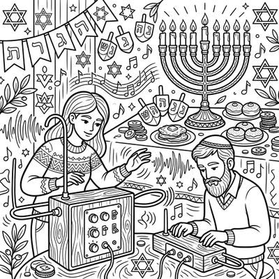 Discover a truly unique holiday scene with our Hanukkah Theremin Celebration coloring page. This delightful template combines the ancient traditions of Hanukkah with the futuristic sounds of theremin music, perfect for creative minds.