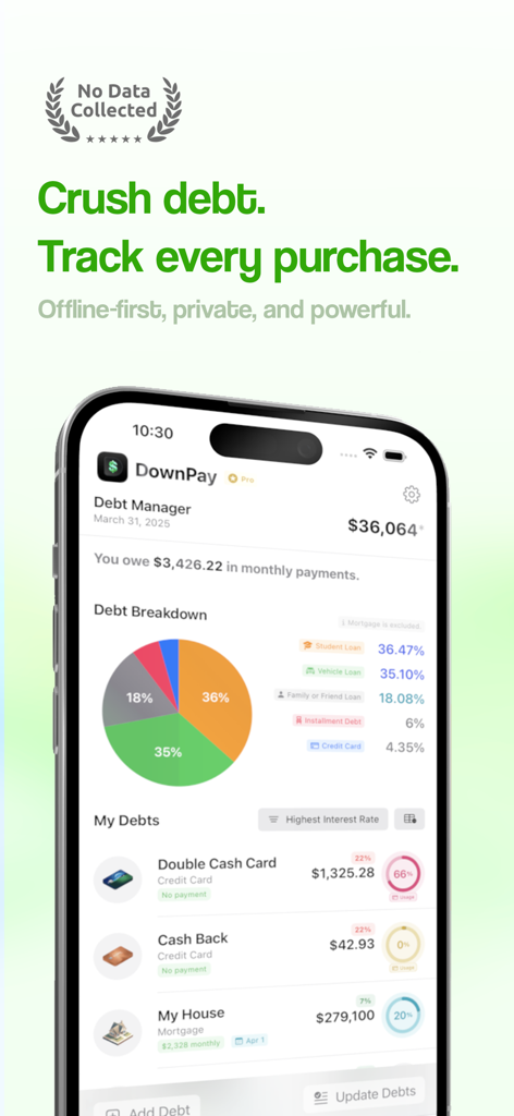 Panel de control del gestor de deudas de la aplicación DownPay que muestra un desglose en gráfico circular de varias deudas, incluidos préstamos estudiantiles y de vehículos