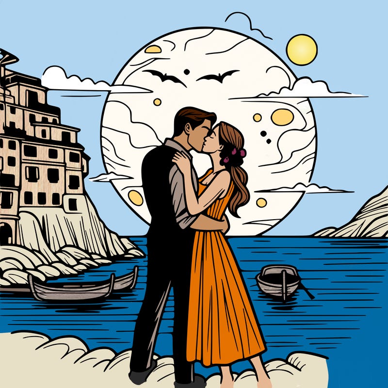 a couple in italy kissing with the sunset in the background at the sea.