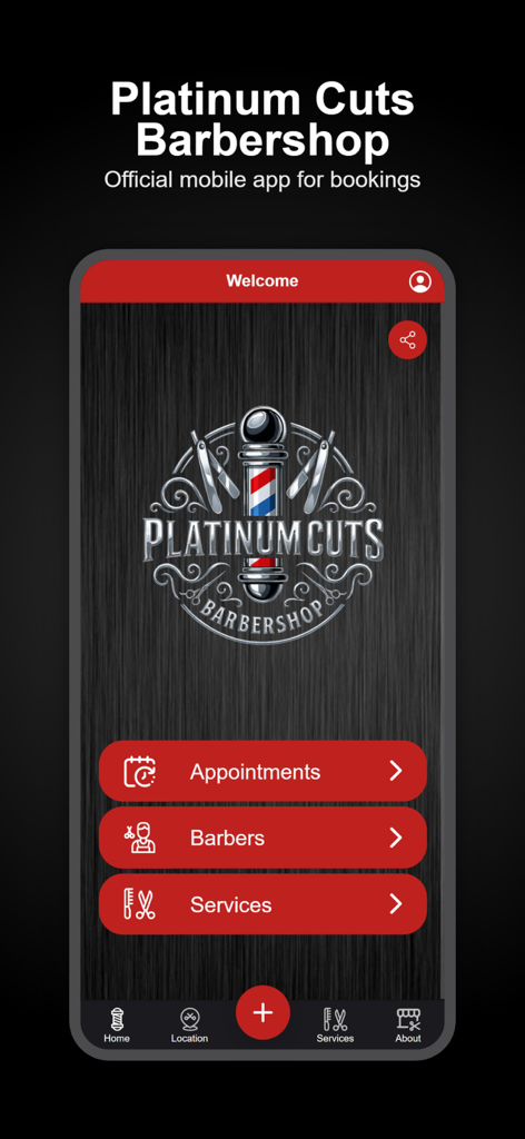 Platinum Cuts Barbershop - Startbildschirm der mobilen App von Platinum Cuts Barbershop mit Schaltflächen für Termine, Friseure und Dienstleistungen.