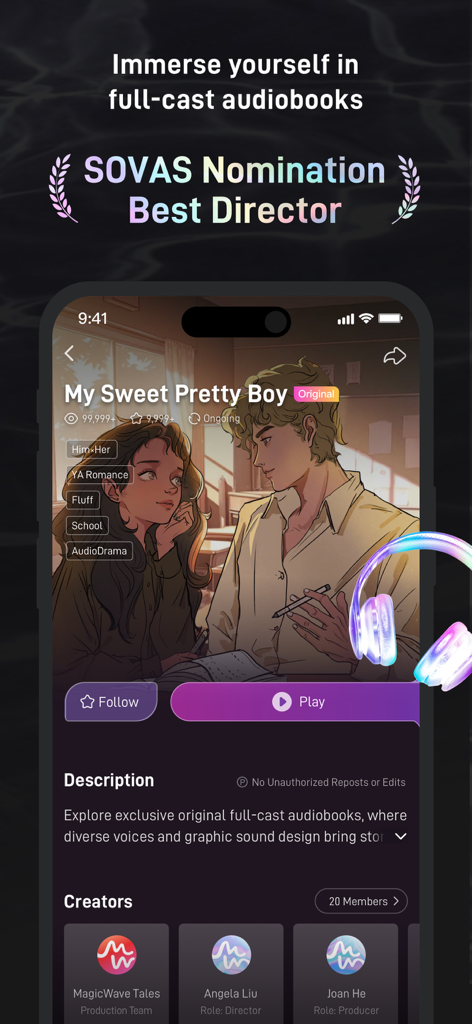 MagicWave: Spicy Audio Stories - A screenshot of the MagicWave app displaying a romance audio story titled My Sweet Pretty Boy with anime style artwork and play buttons.