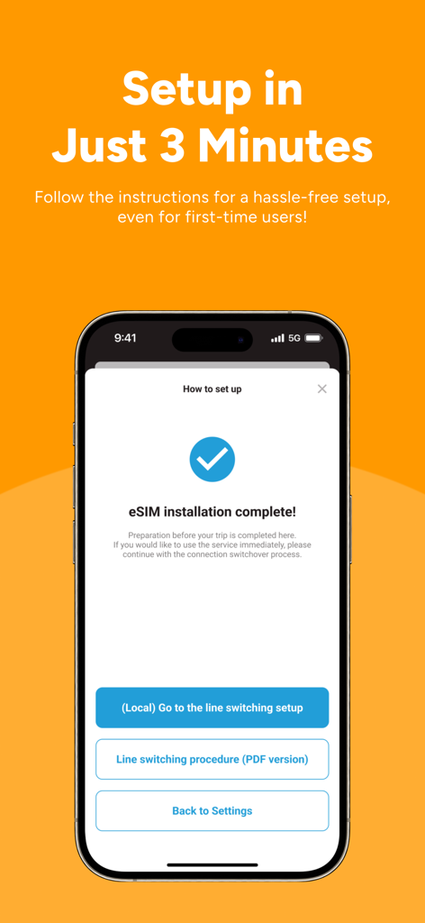 trifa - Travel eSIM Store App - trifa旅行アプリでeSIMが正常にインストールされたスマートフォン画面。3分で完了するセットアップメッセージが表示されています。