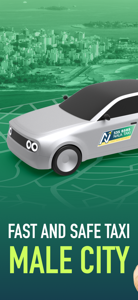 Maldives Rides: Nala Taxi - Um carro Nala Taxi prateado com uma vista aérea da cidade de Malé e texto descrevendo-o como um serviço de táxi rápido e seguro.
